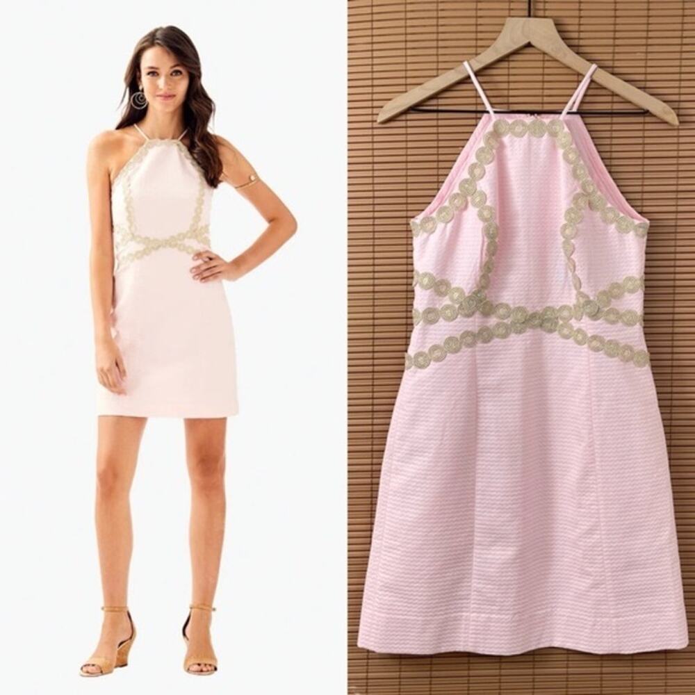 Lilly Pulitzer Pearl Shift Dress NWT Pink Paradise Tint Gold Embroidered Size 00